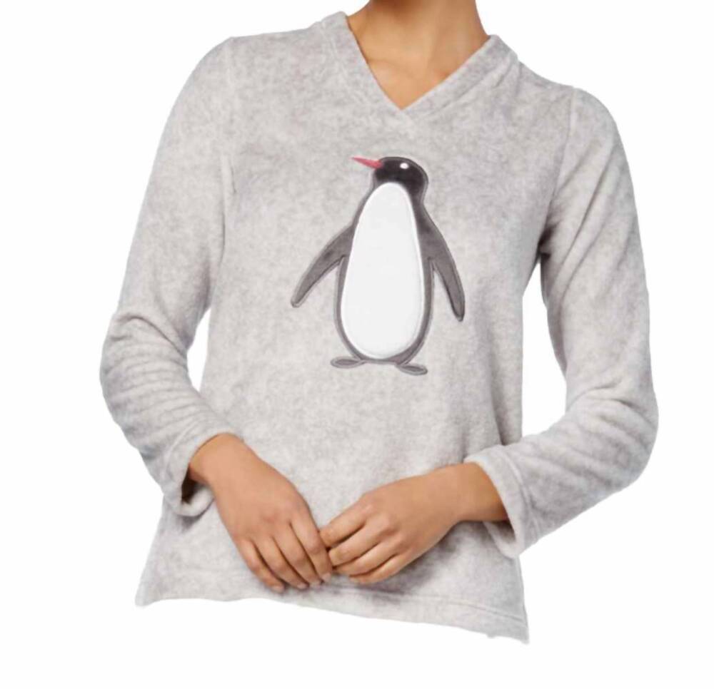 NEW CHARTER CLUB LUXURY women's plush applique printed pajama top in penguin pai